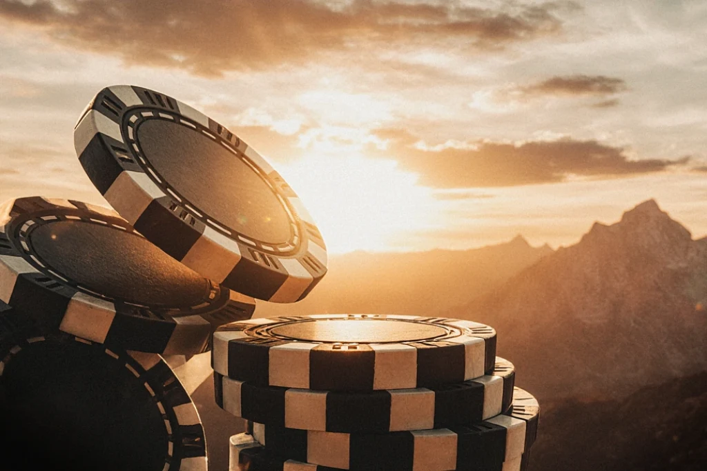 grainy banner with casino chips on the background of mountains